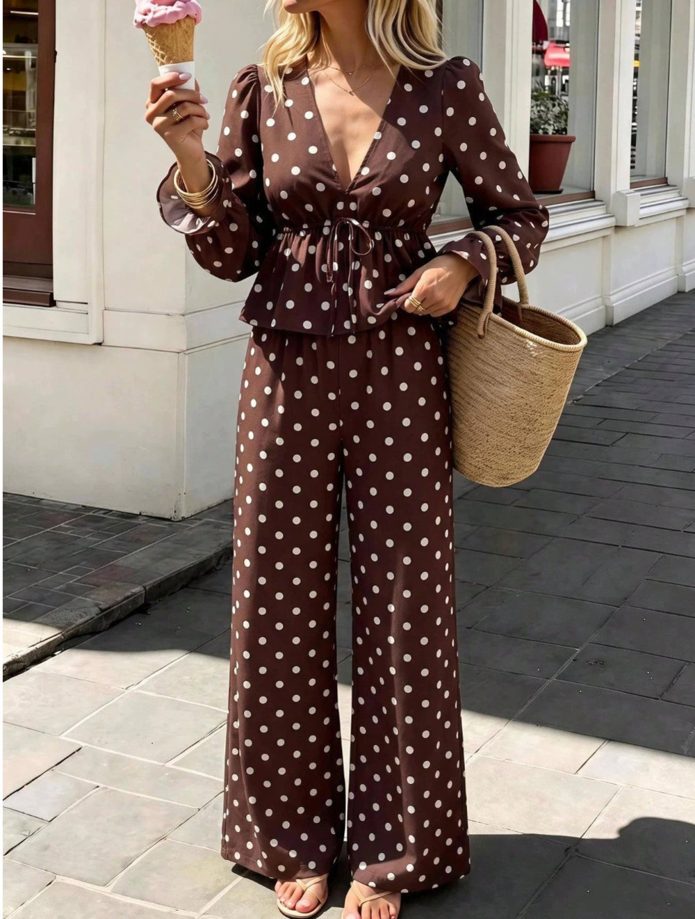 ZARA Retro Polka Dot Lace Trim Two Piece Pants Set